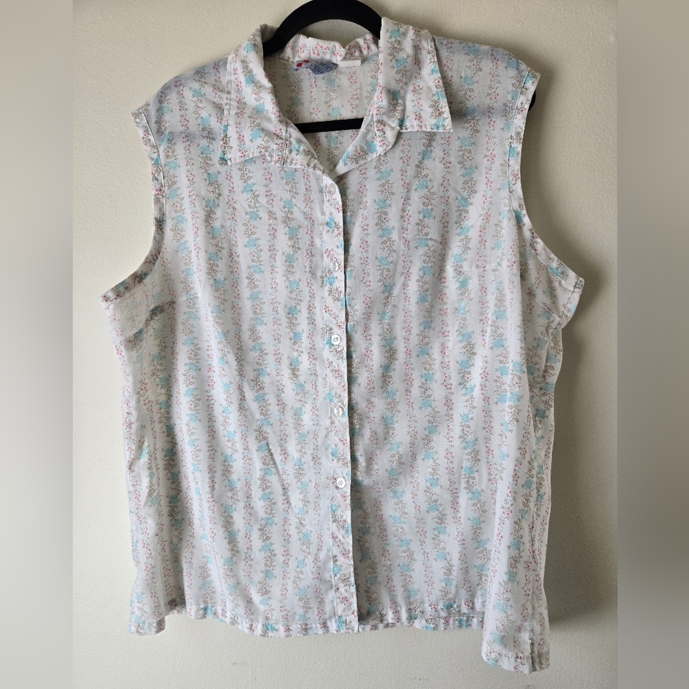 Floral Button-Up Sleevless Blouse, Vintage, XL